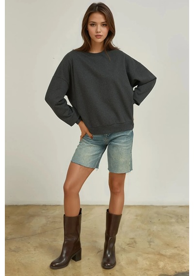 Hiccup Oversize Bisiklet Yaka Basic Sweatshirt Gri