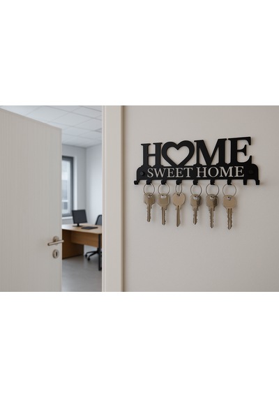 Lunoart Dekoratif Metal Anahtarlık Askılığı Giriş İçin Home Sweet Home Tasarımı Siyah