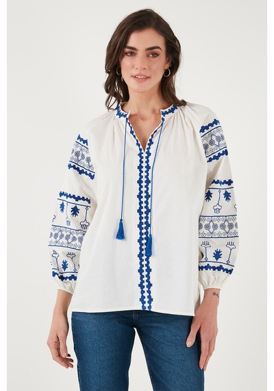 Lela Nakış Işlemeli Pamuklu Oversize Fit Bağlamalı V Yaka Bayan Bluz 676271 Ekru
