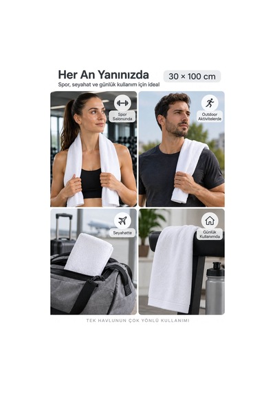 Spor Antrenman Fitness Havlusu 30x100 %100 Pamuklu Beyaz