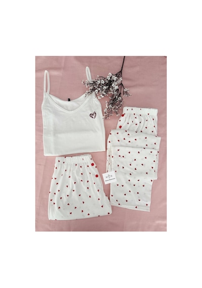 Mh Moony Homewears Çizik Kalp 3'lü Yumuşacık Yazlık Pijama Takımı Krem Bordo