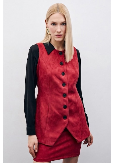 Sateen Düğmeli Uzun Süet Yelek - Bordo-135506 Bordo