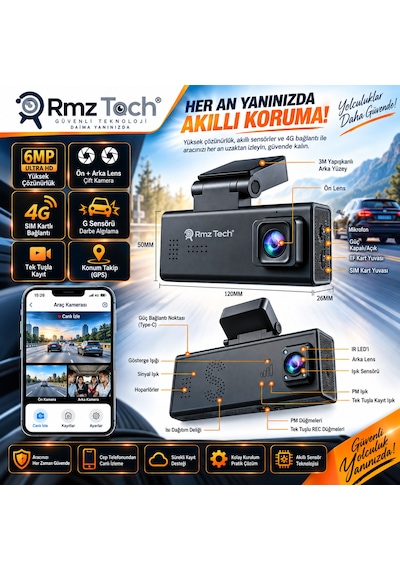 Avenir Av-c426 6mp 4g Sım Kartlı Araç Kamerası Çift Kamera Gps Konum Takip Canlı İzleme G-sensör Obd