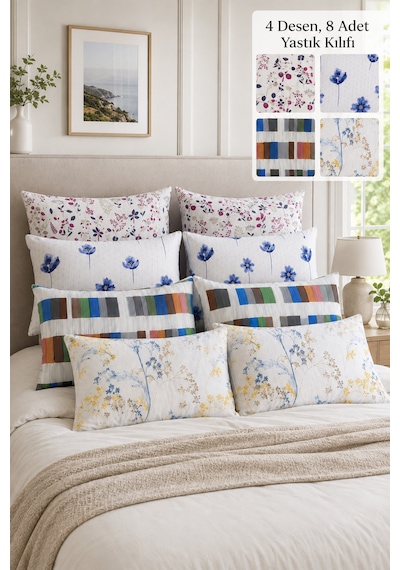 Formeya 8'li Desenli Yastık Kılıfı Seti 50x70 Cm 4 Farklı Desen, Her Desenden 2 Adet Çok Renkli