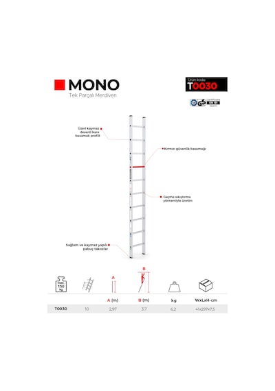 Çağsan T0030 10 Basamaklı Mono Tek Parçalı Alüminyum Merdiven