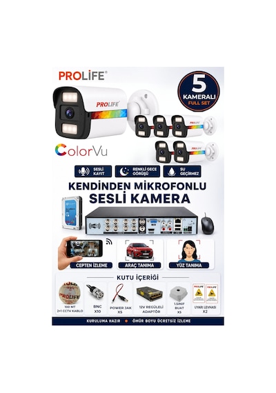 5 Li Sesli Güvenlik Kamerası 5 Mp Gece Renkli Yüz Ve Araç Tanımalı Full Hd Kamera Sistemi
