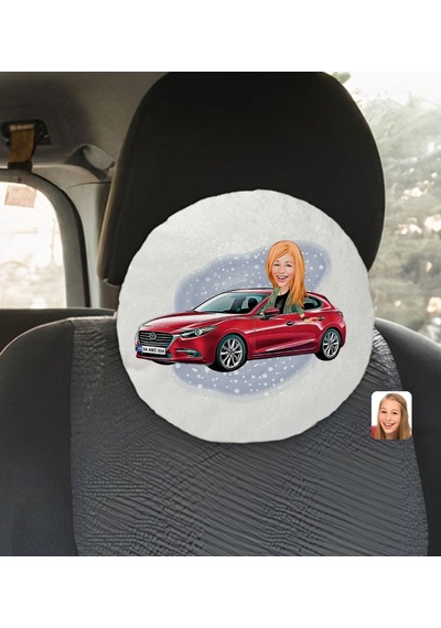 Kişiye Özel Plakalı Kadın Mazda 3 Karikatürlü Yuvarlak Araç Koltu