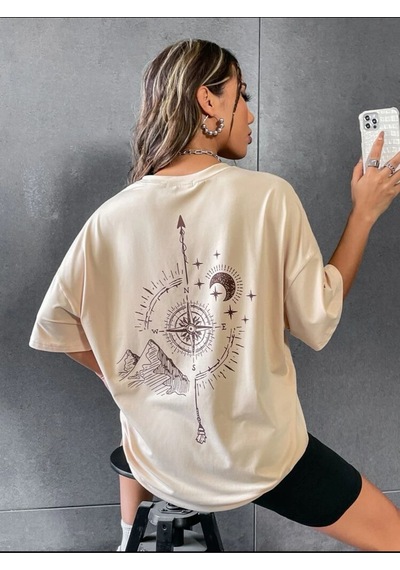 Pusula Baskılı Oversize Unisex Tişört Taş