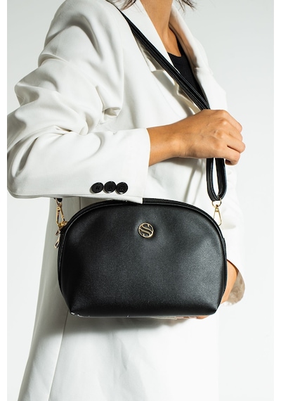 Kadın Çapraz Askılı 3 Gözlü Çift Metal Fermuarlı Gold Aksesuar Omuz Çantası Siyah