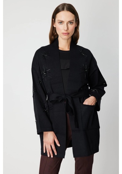 On Fashion Beli Kuşaklı Taş İşlemeli Siyah Hırka 60909 Siyah