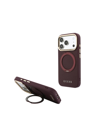 Apple iPhone Uyumlu 18 Pro Max Kılıf Guess Lisanslı M-safeli 360 Standlı Pu Metal Yazı Logolu Kapak Bordo
