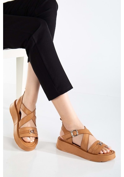 Analin Shoes Kadın Hakiki Deri Çapraz Bilekten Bantlı Günlük Sandalet Taba