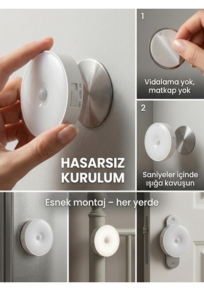 Hareket Sensörlü Yuvarlak Led Aydınlatma & Usb Şarjlı Pratik Gece Lambası 8 Cm Beyaz