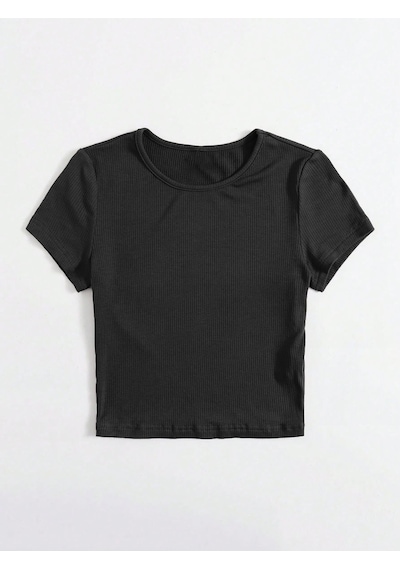 Liona Bisiklet Yaka Siyah Renk Fitilli Kısa Kollu Slim Fit Crop Top Bluz Siyah