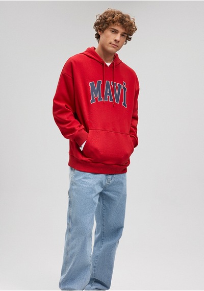 Erkek Mavi Logo Baskılı Kapüşonlu Sweatshirt-kırmızı Kırmızı