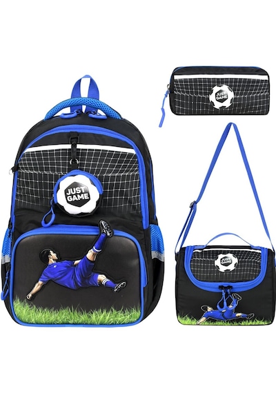 3'lü Set İlkokul Çantası Futbol Topu Desenli Takım Termal Folyo Beslenmeli Erkek Çocuk İlkokul Sırt Çantası Mavi