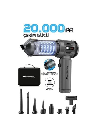 Enshall Ultra Güçlü Göstergeli 20.000PA Çantalı Araç İçi Şarjlı Süpürge
