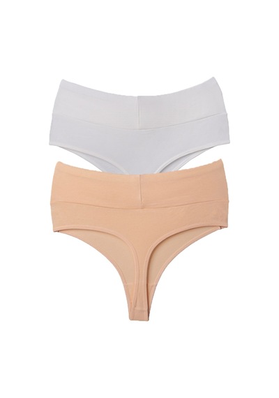 Vanilya Secret Tanga Yüksek Bel Toparlayıcı Pamuk 2'li Paket Beyaz - Ten