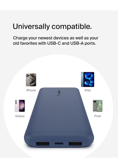 Ayrex 10000 Mah Powerbank, 15w Usb-c & 12w 2xusb-a Girişli, Kompakt Dizayn, Kablo Dahil, Mavi