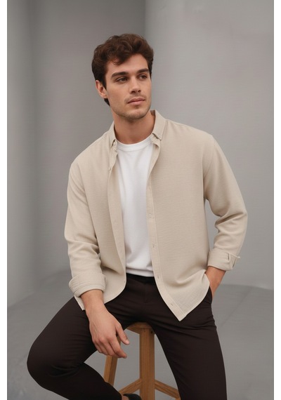 Bürke Yazlık Keten Dokulu Uzun Kollu Krem/Bej Yarım Oversize Erkek Gömlek
