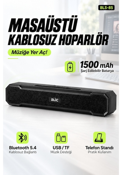 Blic Bls-85 Bluetooth 5.4 Masaüstü Soundbar Hoparlör Siyah, Telefon Standlı, 1500 Mah Şarjlı, Usb Ve