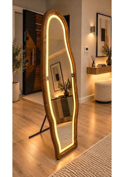 Ledli Doğal Ahşap Çerçeveli 180x60 Cm Ceviz Asimetrik Ayaklı Boy Aynası