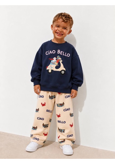 Ciao Bello Baskılı Lacivert Sweatshirt Ve Desenli Eşofman Altı Unisex 3ip Alt Üst Takım Ciao Bello Baskılı Lacivert Sweatshirt Ve Desenli Eşofman Altı Unisex 3ip Alt Üst Takım