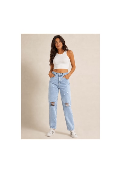Kene Jeans Yüksek Bel Diz Lazer Yırtık Taş Yıkama Mom Jeans Pantolon Taş Yıkama