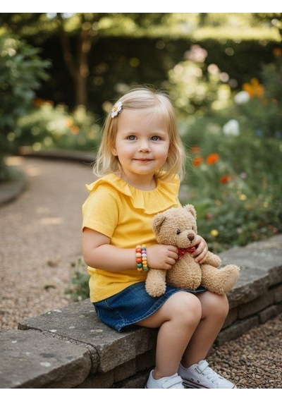 Zekids Kız Bebek Pamuklu Yakası Fırfırlı Basic T-shirt-7460 Sarı