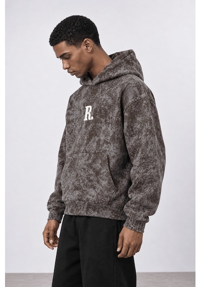 Respire Erkek Revere Nakışlı Yıkamalı Oversize Hoodie Kahve
