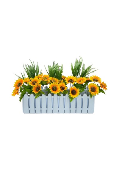 Yapay Çiçek Beyaz Çit Balkon Saksısı Ay Çiçekli 55*20cm