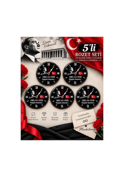 Minikutunuz 10 Kasım Atatürk Rozeti 5 Li Set Saat Temalı İğneli Yaka Rozeti 44 Mm Diğer