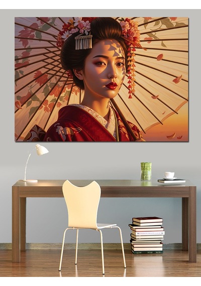 Şemsiyeli Japon Geyşa Kadın Dekoratif Kanvas - Mdf Ahşap Tablo