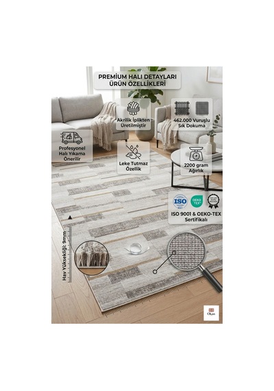 Premium Akrilik Leke Tutmaz Modern Salon Halısı - 462.000 Vuruş Sık Dokuma - Oeko-tex Sertifikalı Çok Renkli