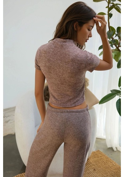 Hiccup Slim Fit Triko Crop Bluz Kestane Kahvesi