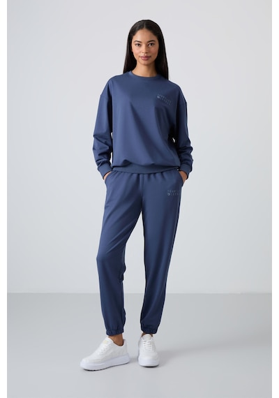 Tommy Life Petrol Basic Pamuklu O Yaka Oversize Lastik Paça Kadın Eşofman Takım - 95287 Petrol