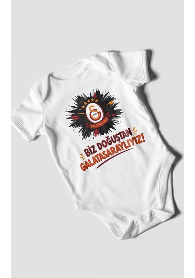 Morivokids Biz Doğuştan Galatasaraylıyız Kısa Kollu Bebek Body %100 Pamuk Beyaz