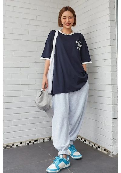 Unisex Lacivert Yaka Kol Detaylı California Club Baskılı Oversize T-shirt