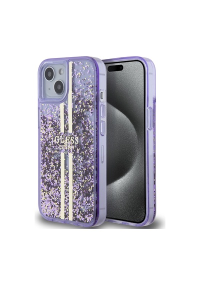 Apple Uyumlu iPhone 14 Kılıf Guess Lisanslı Transparan Sıvılı Simli Altın Çizgili Kapak Mor