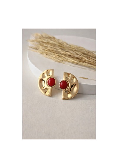 Lunarie Vintage Gold Dalgalı Yarım Ay Küpe Renkli Taşlı Çelik Kırmızı