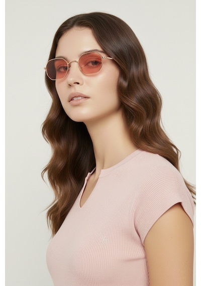 Daniel Klein Dk4183-6 Soft Pembe Küçük Altıgen Polarize Camlı Kadın Güneş Gözlüğü Gold