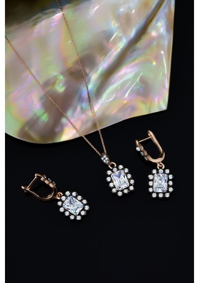 Papatya Silver 925 Ayar Gümüş Rose Kaplama Elmas Montür Kare Set