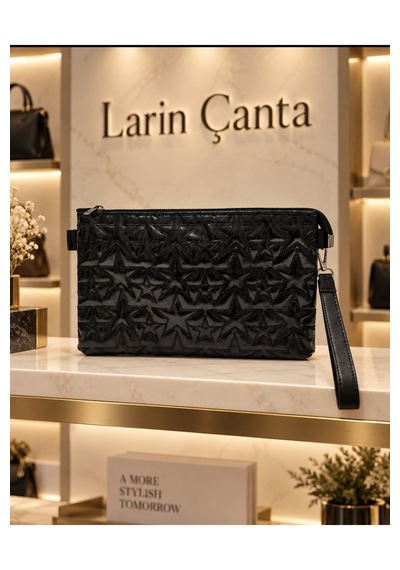 Larin Çanta Kadın Yıldız Desenli Pötföy Çanta Siyah