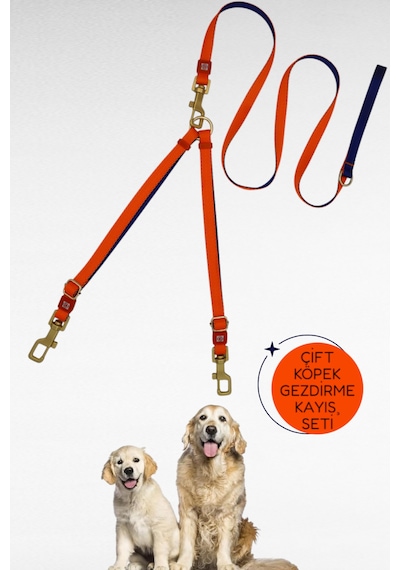 Caramelos İkili Çift Köpek Gezdirme Tasması Ve Sevk Kayışı Set Ayarlanabilir Mavi - Turuncu