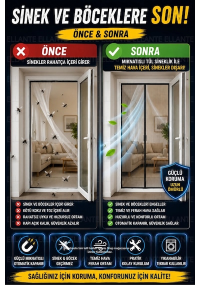Mıknatıslı Tül Sineklik 105x205 Cm 5 Cm Kapı Sinekliği Otomatik Kapanan Manyetik Sistem Sinek V