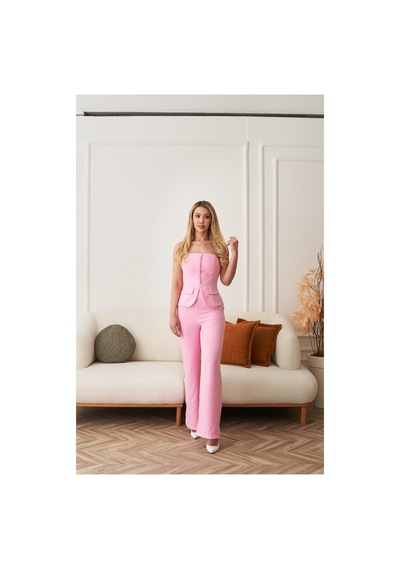 Rabia Çelik Kadın Pembe Önü Düğmeli Straplez Büstiyer Pantolon 2li Takım Elbise Pembe Pembe Rabia Çelik Kadın Pembe Önü Düğmeli Straplez Büstiyer Pantolon 2li Takım Elbise Pembe Pembe