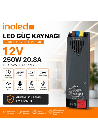 İnoled 1207 20,8a 250w 12v Led Güç Kaynağı Kısa Devre Korumalı Adaptör Şerit Led Trafo 220v Ac 12v Dc Dönüştürücü Yüksek Verimli, Güvenli, Uzun Ömürlü Led Trafo 20,8 A