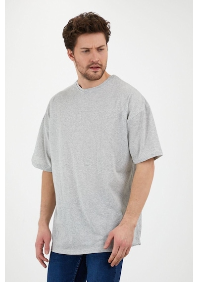 Düz Basic T-shirt - Gri Oversize Bisiklet Yaka Kısa Kol Tişört Gri