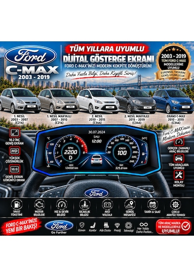 Ford C-max 2003-2019 Model Uyumlu Harici Digital Gösterge Odb Ekran Arıza Göstergesi Turbo Gösterge Hayalet Ekran