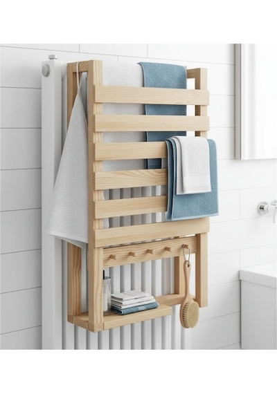 Doğal Ahşap Radyatör Üstü Havluluk Ve Banyo Rafı - 30x50 Cm Modern Askılıklı Dekoratif Organizer Bej